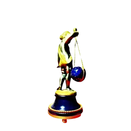 Statuetta dorata di un putto che tiene un globo blu su una catena per Orologio da Tavolo La Vallée Putto 521