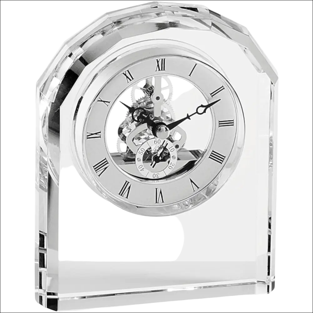 Orologio da tavolo moderno in cristallo trasparente con ingranaggi visibili