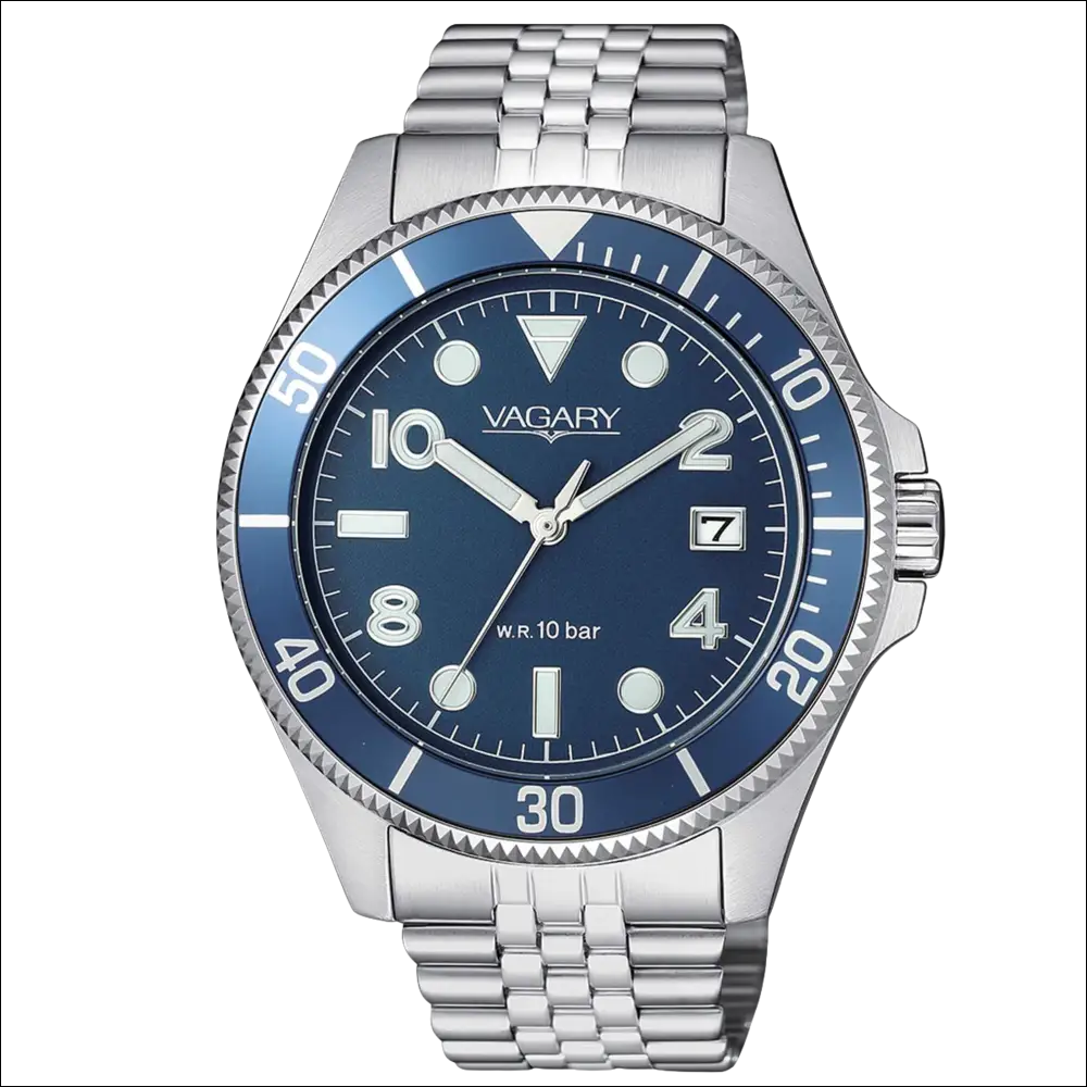 Orologio VAGARY uomo Quartz Aqua39 VD5-015-71 con cinturino argento e blu