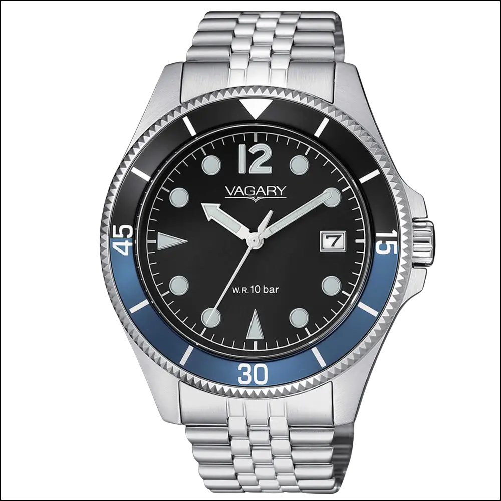 Orologio da uomo VAGARY AQUA39 con bezel nero e blu, quadrante nero e bracciale jubilee