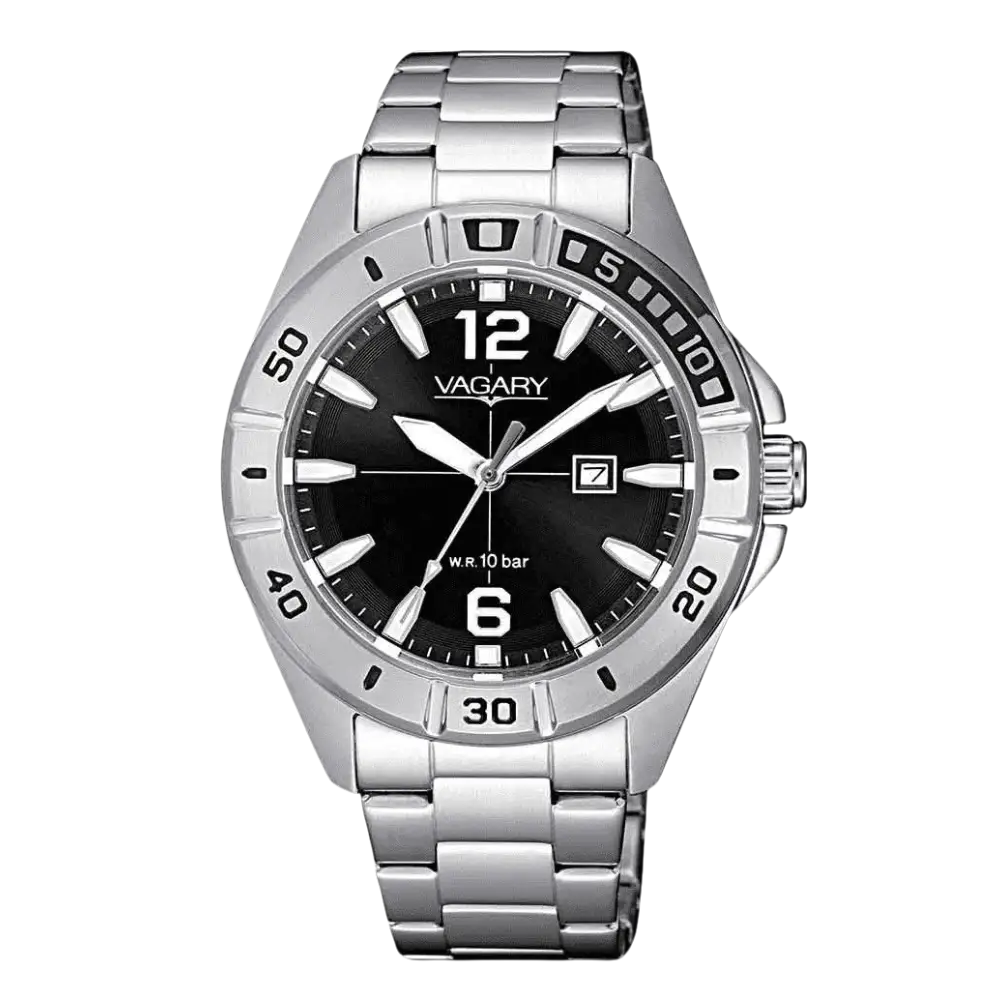 Orologio VAGARY Quartz Aqua 39 con quadrante nero e cassa in argento