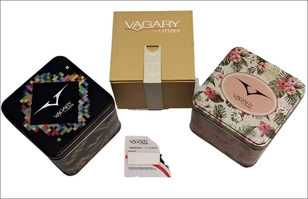 Scatola metallica quadrata VAGARY Orologio Aqua39 VD5-015-61 con design pixelato nero e multicolor e logo Vagary