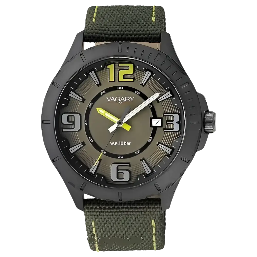Orologio VAGARY uomo Solo tempo cassa nera IB6-141-92 con cinturino verde oliva e nero