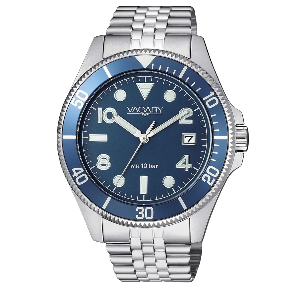 Orologio VAGARY uomo Quartz Aqua39 VD5-015-71 con cinturino argento e blu
