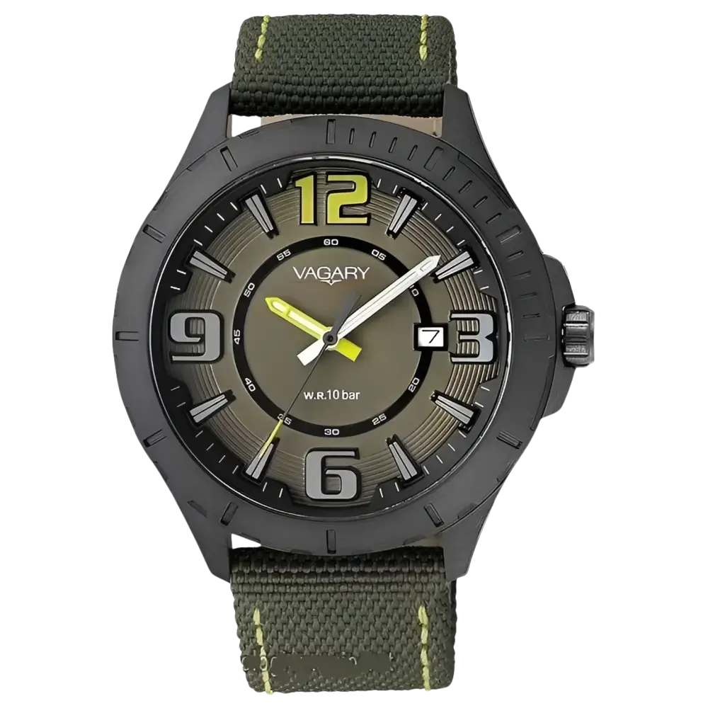Orologio VAGARY uomo Solo tempo cassa nera IB6-141-92 con cinturino verde oliva e nero
