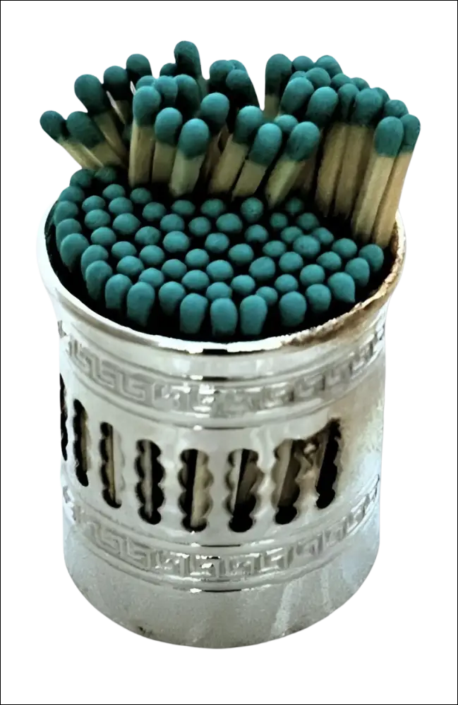 Portafiammiferi Argento Greggio con motivo grecque, fiammiferi teal