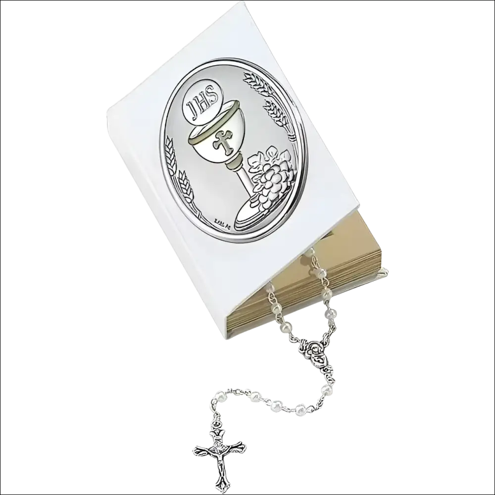 Libro in pelle bianca con copertina silver Portarosario Prima Comunione e rosario abbinato