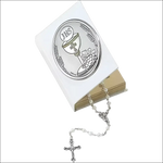 Libro in pelle bianca con copertina silver Portarosario Prima Comunione e rosario abbinato