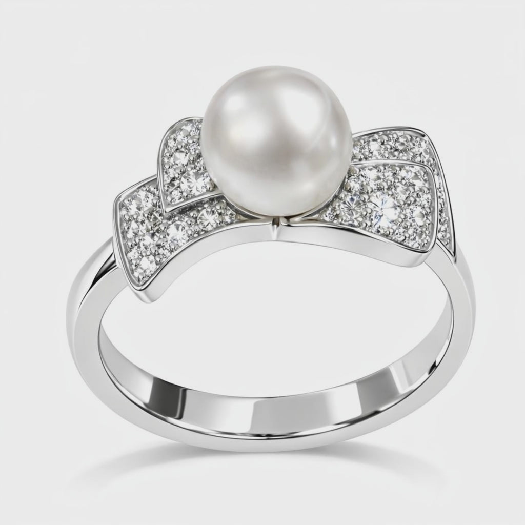 Anello Oro Bianco, Perla e fiocchetto di diamanti Salvini|bonini-gioielli