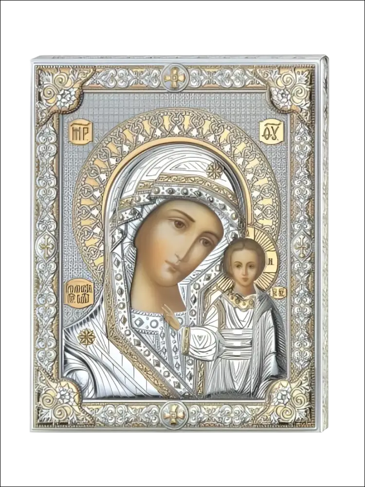 Icona bizantina argentata Valenti: Vergine Maria con Bambino in filigrana oro e argento