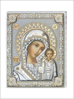 Icona bizantina argentata Valenti: Vergine Maria con Bambino in filigrana oro e argento