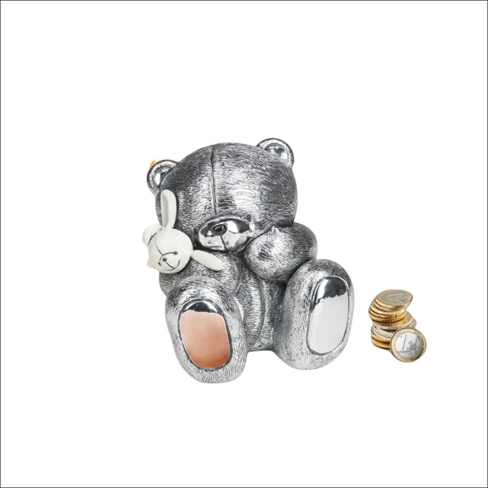 Salvadanaio argento Orsetto SEQUENZE: orsetto metallico con coniglio bianco