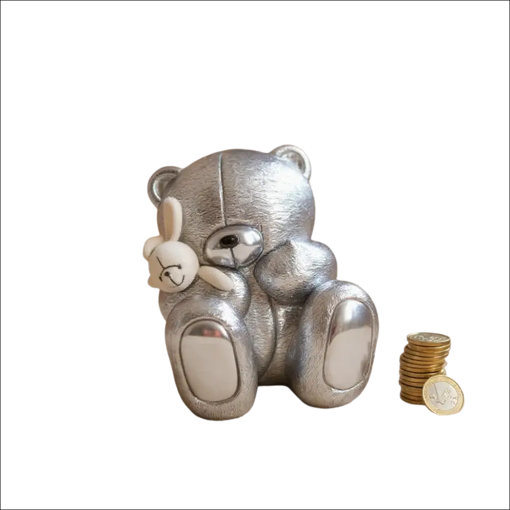 Salvadanaio argento Orsetto SEQUENZE con coniglietto bianco tra le braccia