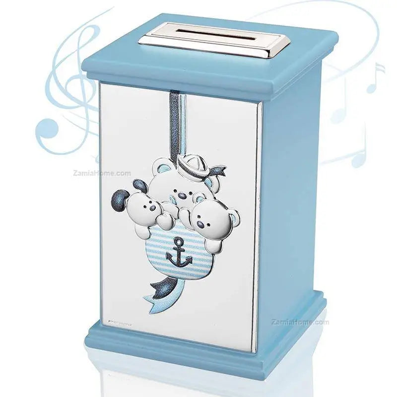 Salvadanaio celeste orsetto con carillon Thilia 453433 - Gioielleria Bonini