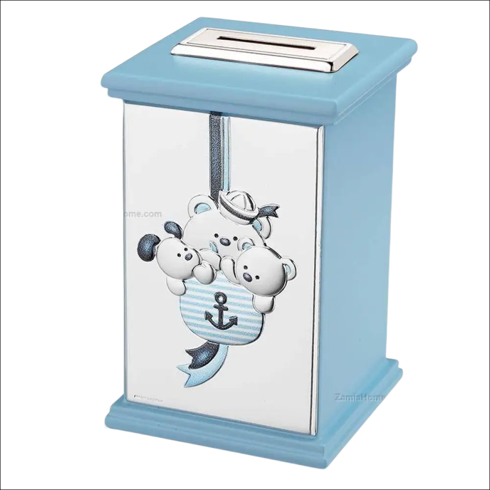Salvadanaio celeste Orsetto marinaio Thilia con carillon, lato frontale