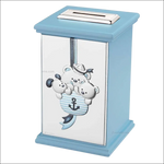 Salvadanaio celeste Orsetto marinaio Thilia con carillon, lato frontale