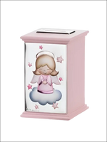 Salvadanaio rosa con angioletto argentato, fronte con pannello metallico