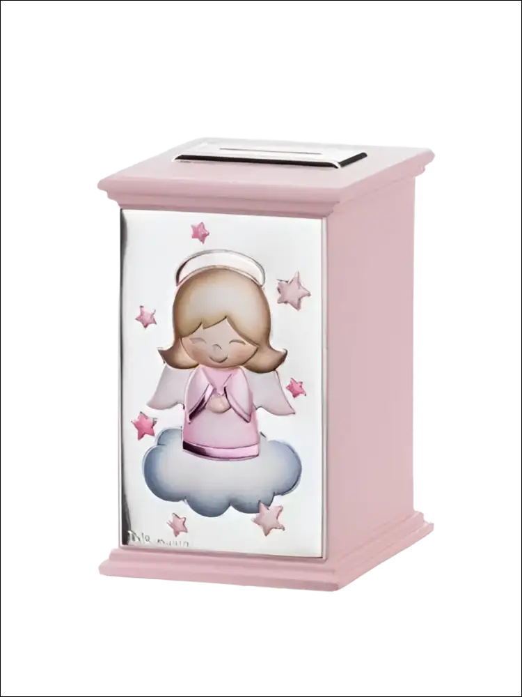 Salvadanaio rosa con angioletto argentato, fronte con pannello metallico