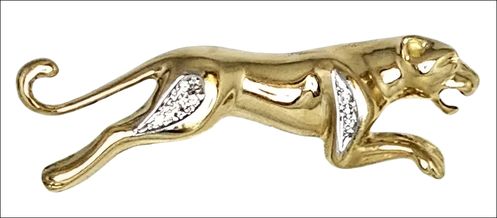 Spilla Pantera Oro e Diamanti Ispirata a Cartier, emblema giaguaro dorato con inlay argento lucido