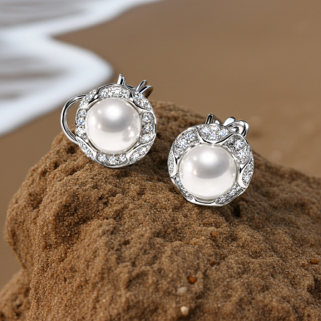 Orecchini Oro Bianco Perla e contorno Diamanti Salvini|bonini-gioielli