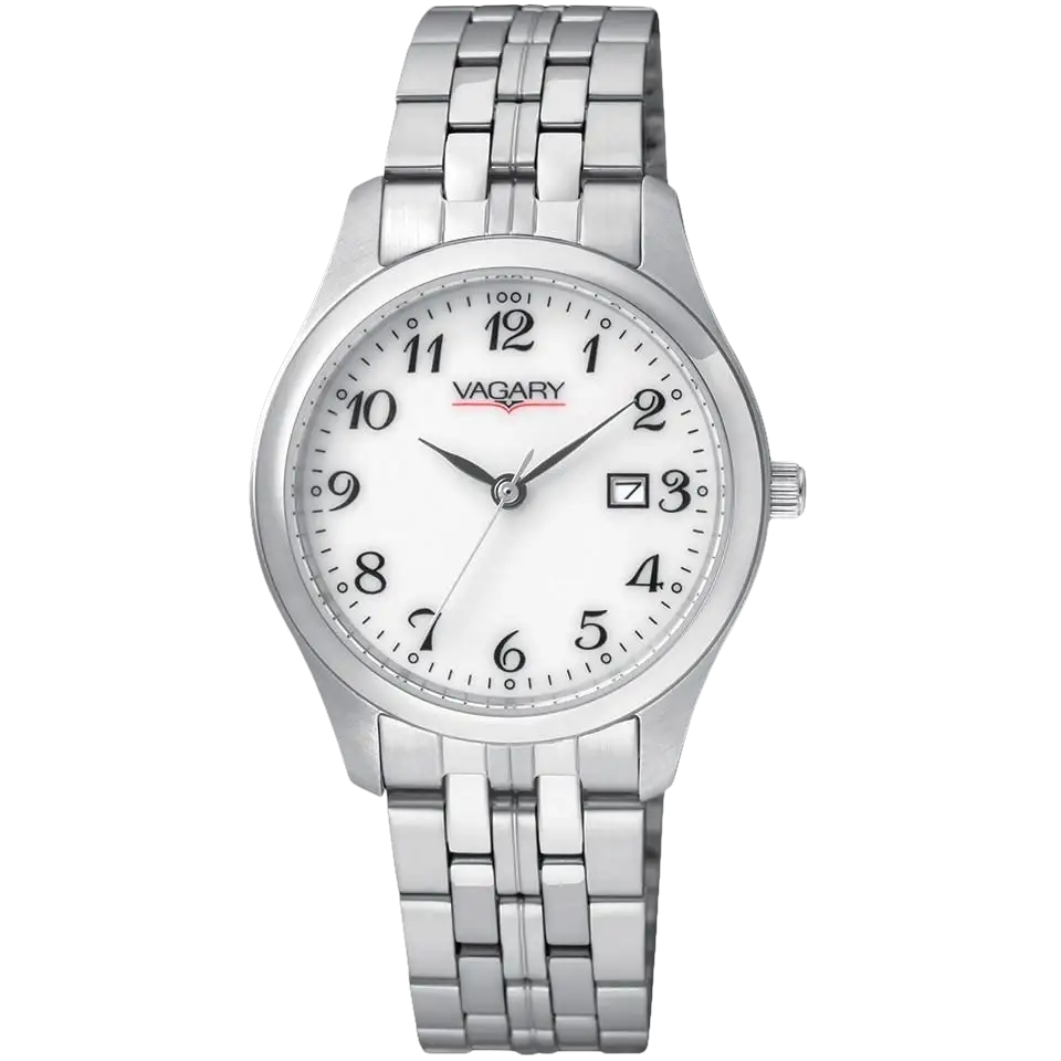 Orologio da donna elegante VAGARY 90th Lady con cassa argento, dial bianco e datario