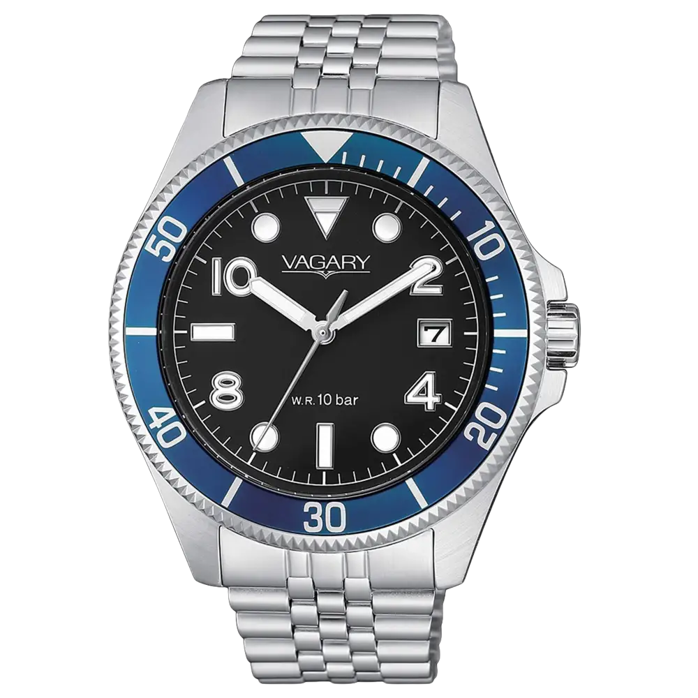 Orologio da uomo VAGARY Aqua 39 con cinturino in acciaio, quadrante nero e bezel blu