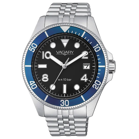 Orologio da uomo VAGARY Aqua 39 con cinturino in acciaio, quadrante nero e bezel blu
