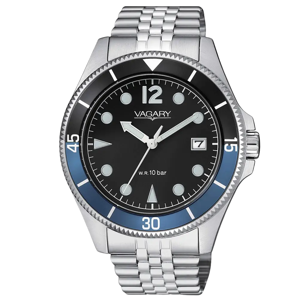 Orologio da uomo VAGARY AQUA39 con bezel nero e blu, quadrante nero e bracciale jubilee