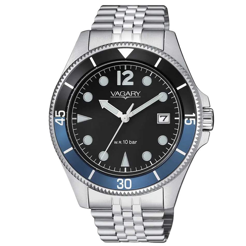 Orologio da uomo VAGARY AQUA39 con bezel nero e blu, quadrante nero e bracciale jubilee