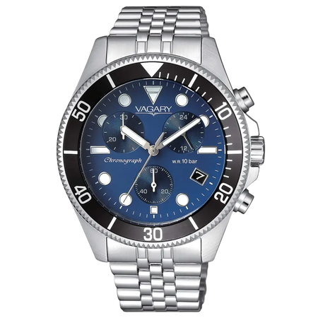Orologio cronografo uomo argento con quadrante blu e lunetta nera VAGARY Cronografo Aqua VS1-019-71
