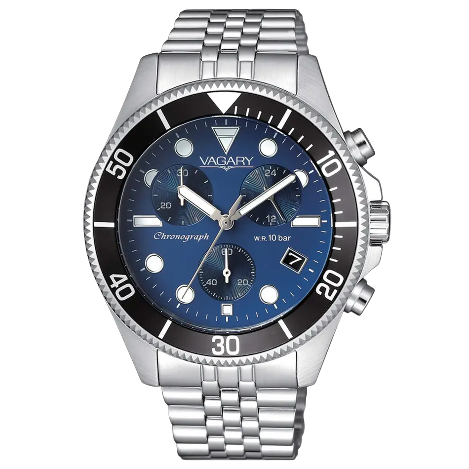 Orologio cronografo uomo argento con quadrante blu e lunetta nera VAGARY Cronografo Aqua VS1-019-71