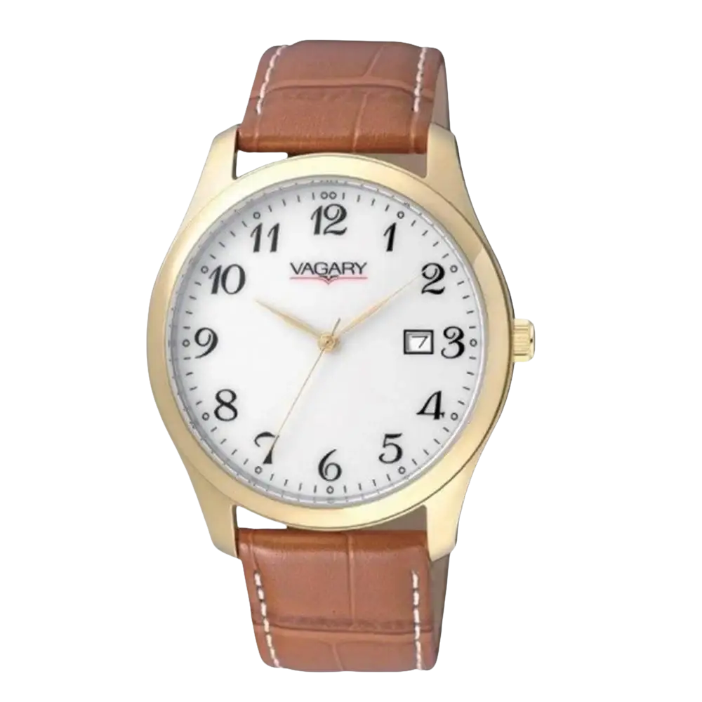 Orologio da uomo VAGARY Infinity 90th con quadrante bianco, cinturino in pelle marrone