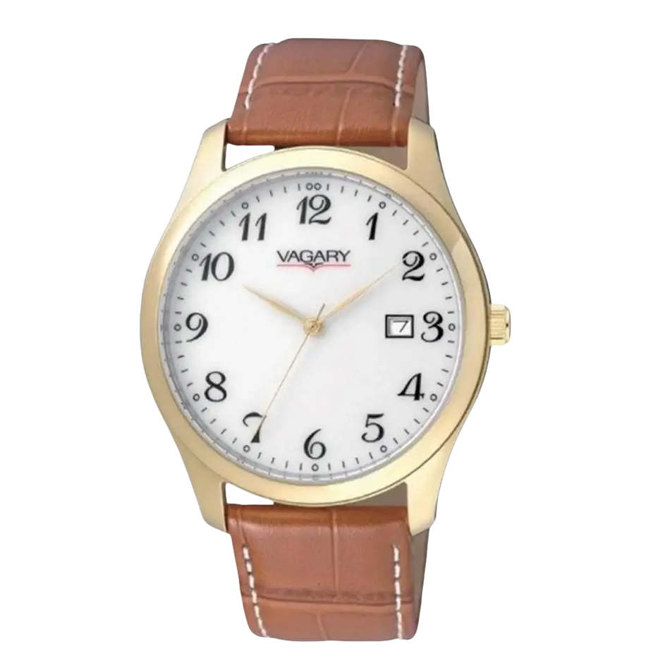 Orologio da uomo VAGARY Infinity 90th con quadrante bianco, cinturino in pelle marrone