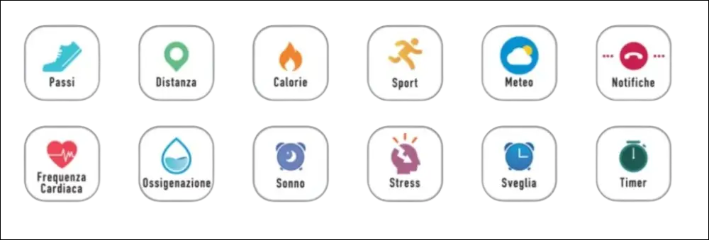 Interfaccia tracker fitness VAGARY Smartwatch X02A-004VY con icone passi, distanza, calorie, sonno