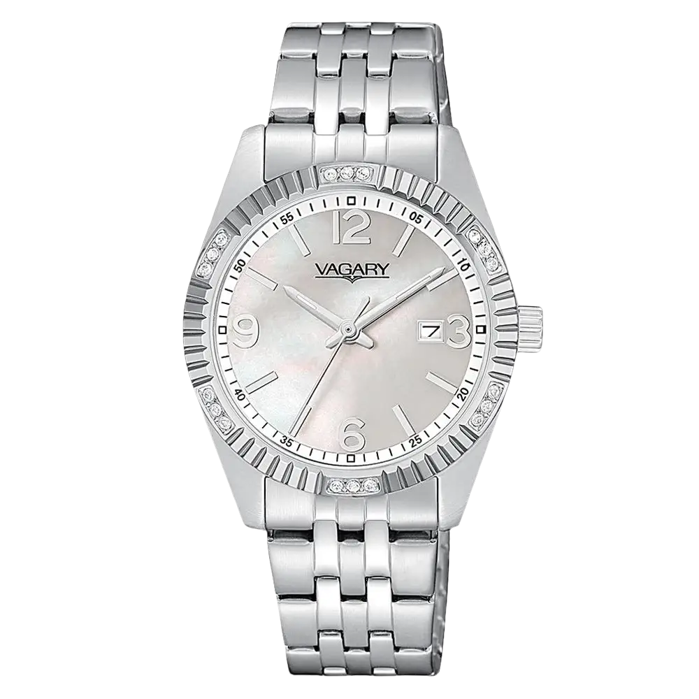 Orologio da donna silver-tone con quadrante madreperla e dettagli in cristallo VAGARY