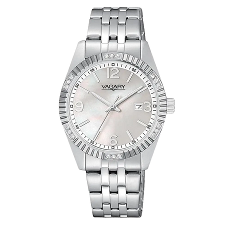 Orologio da donna silver-tone con quadrante madreperla e dettagli in cristallo VAGARY