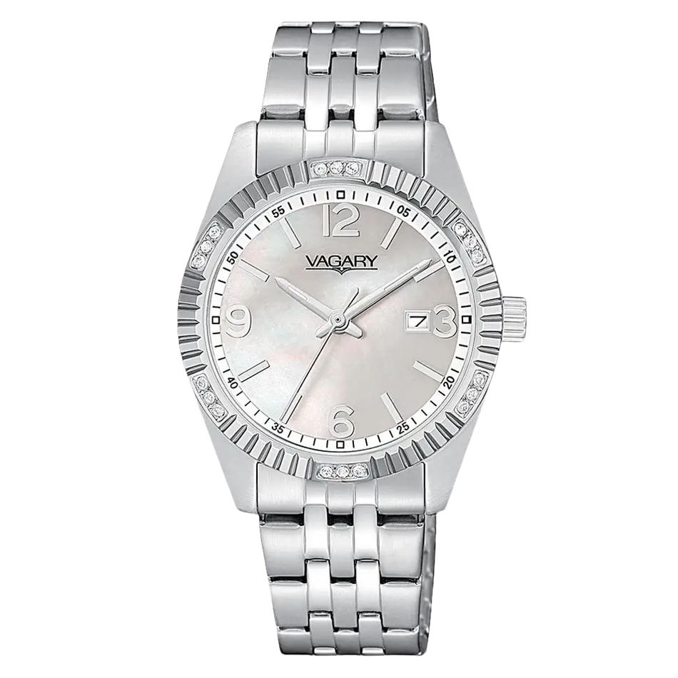 Orologio da donna silver-tone con quadrante madreperla e dettagli in cristallo VAGARY