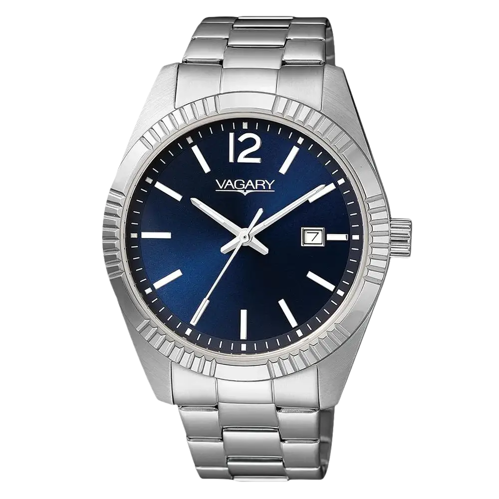 Orologio uomo in acciaio inossidabile con quadrante blu e datario VAGARY Timeless Uomo IB9-115-71