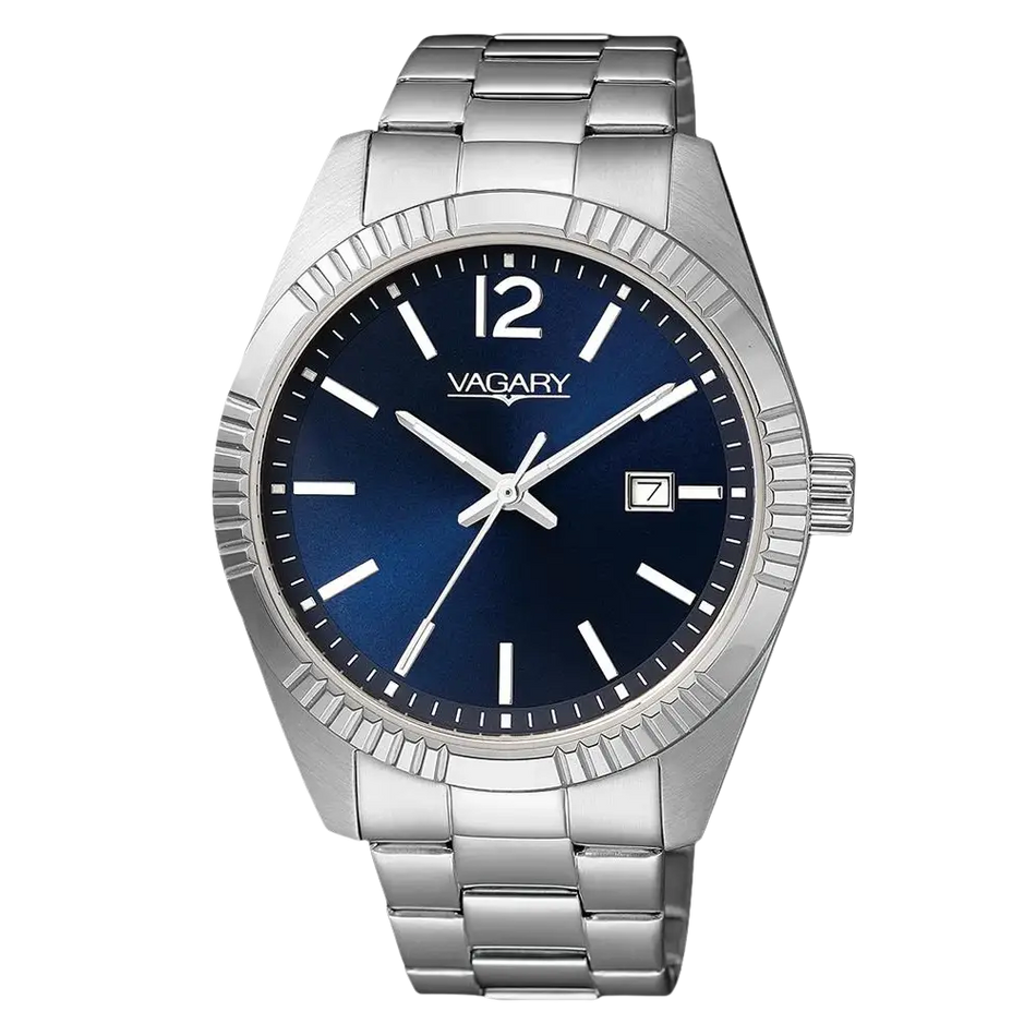 Orologio uomo in acciaio inossidabile con quadrante blu e datario VAGARY Timeless Uomo IB9-115-71