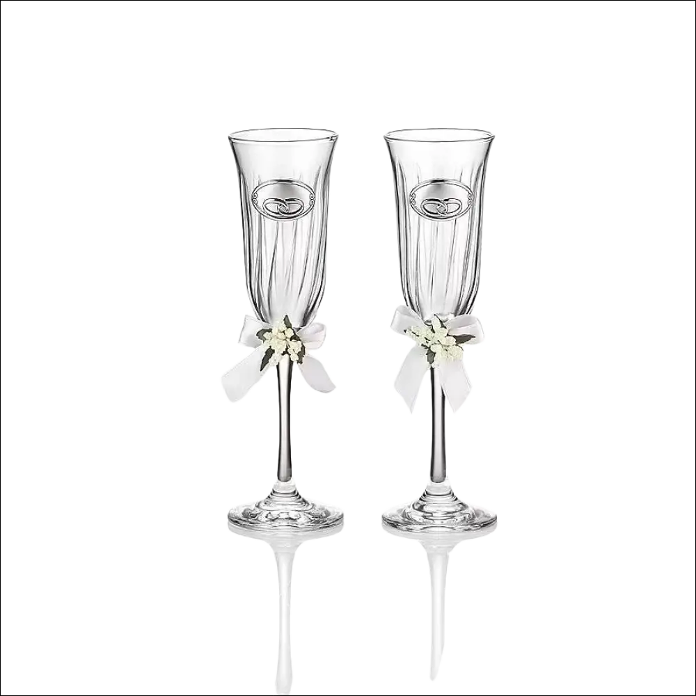 VALENTI 16506 coppia bicchieri cristallo nozze con anello argento e fiocco