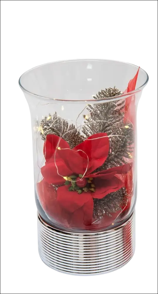 Vaso Natale Sequenze con poinsettia rossa, pigne metalliche e base argento
