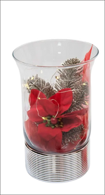 Vaso Natale Sequenze con poinsettia rossa, pigne metalliche e base argento