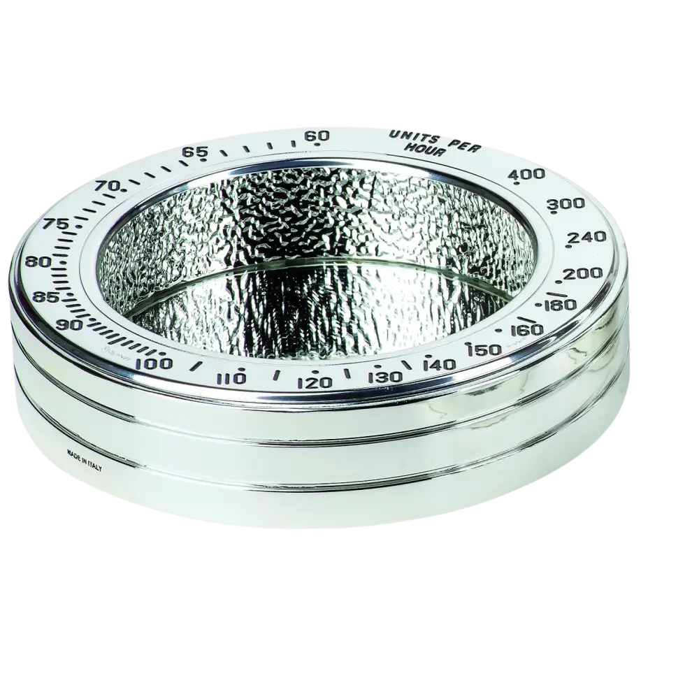 Anello in argento lucido con marcature numeriche e testo UNITS PER HOUR sul top
