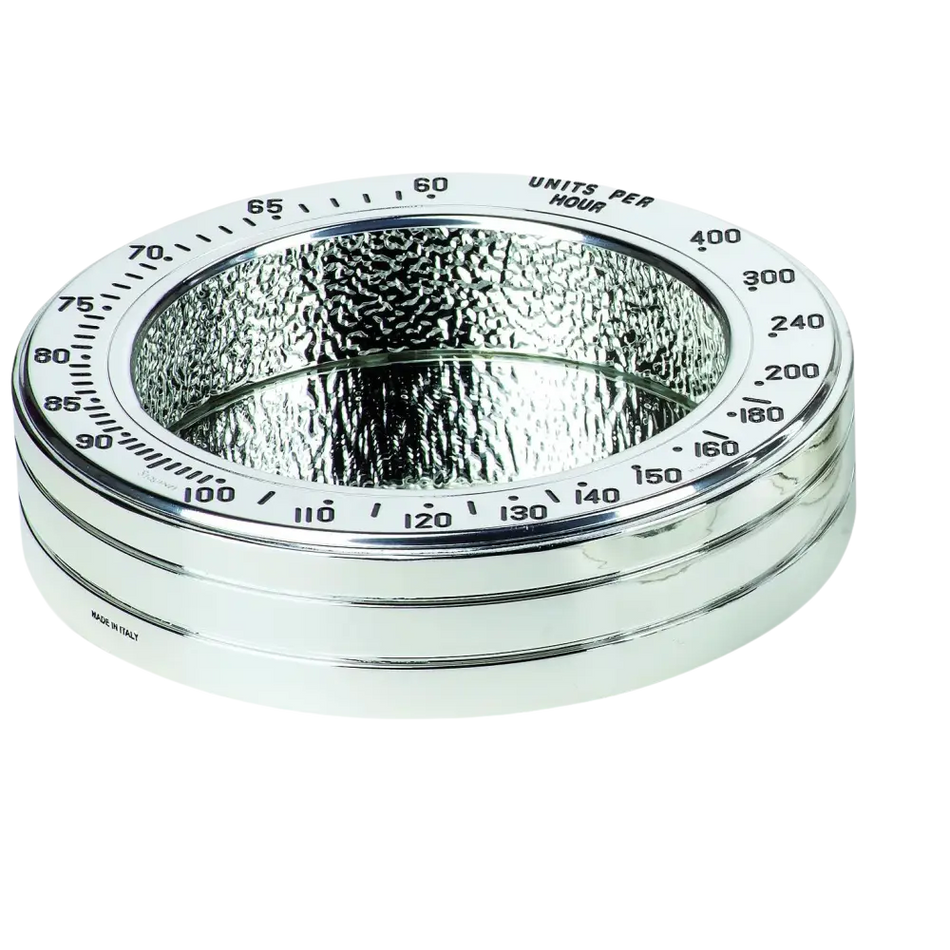 Anello in argento lucido con marcature numeriche e testo UNITS PER HOUR sul top