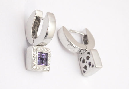 Orecchini CENTOVENTUNO oro bianco, diamanti e ametiste, collezione Princess-cut - bonini-gioielli