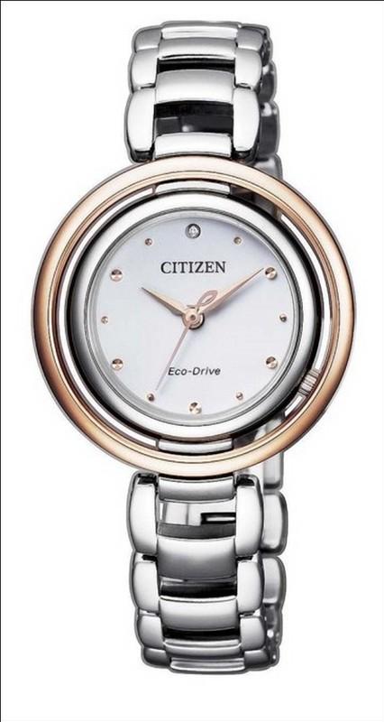 orologio Citizen donna Eco-Drive in acciaio con lunetta dorata EM0668-83A - bonini-gioielli
