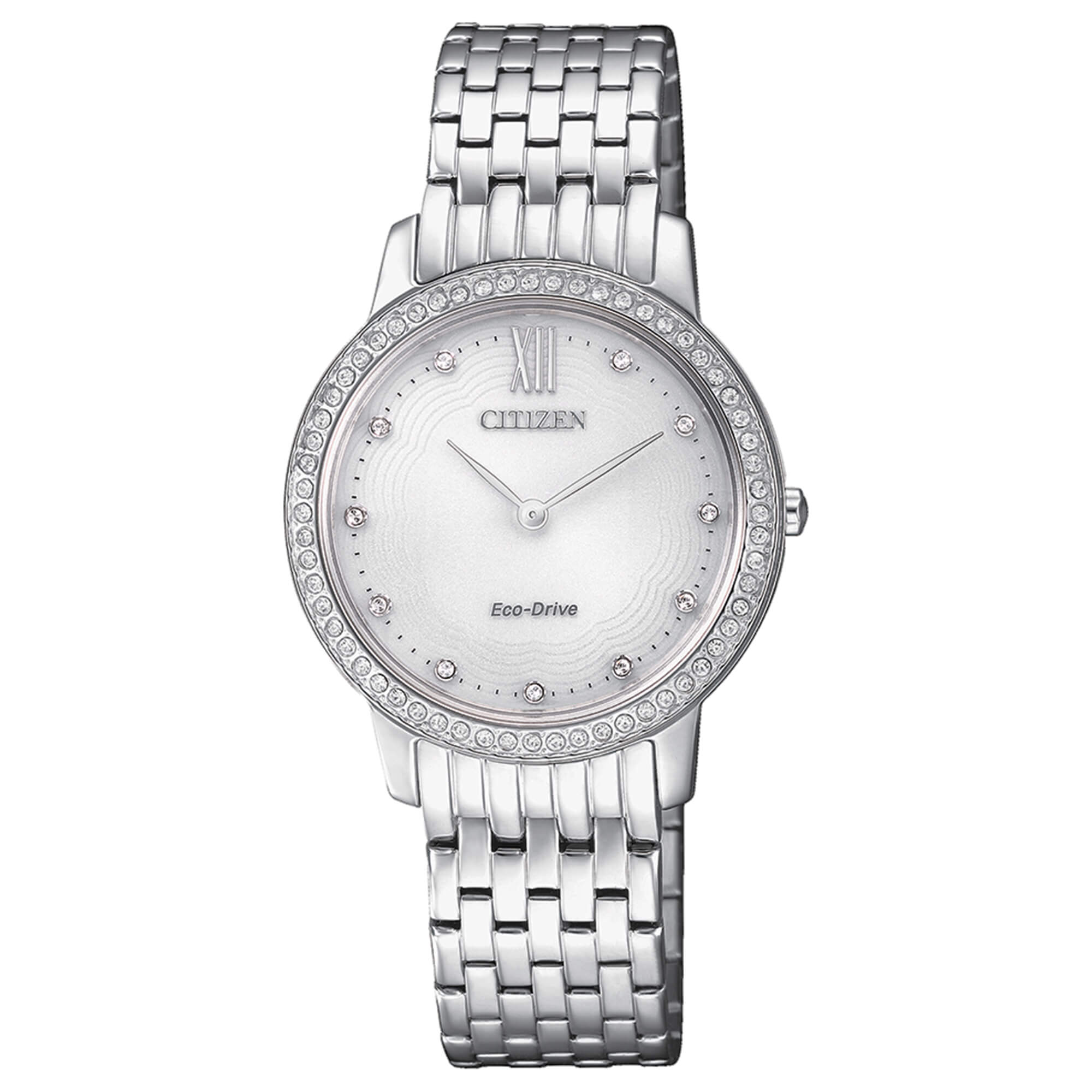 orologio Citizen donna Eco-Drive zirconi sulla cassa di acciaio EX1480-82A - bonini-gioielli