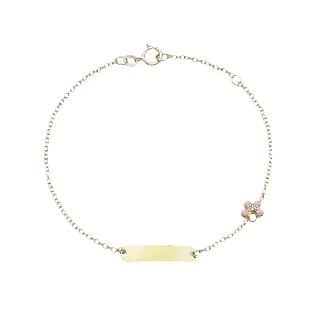 Bracciale oro giallo bimbo Ambrosia ABZ 150 con catena, barra ID e fiore rosa