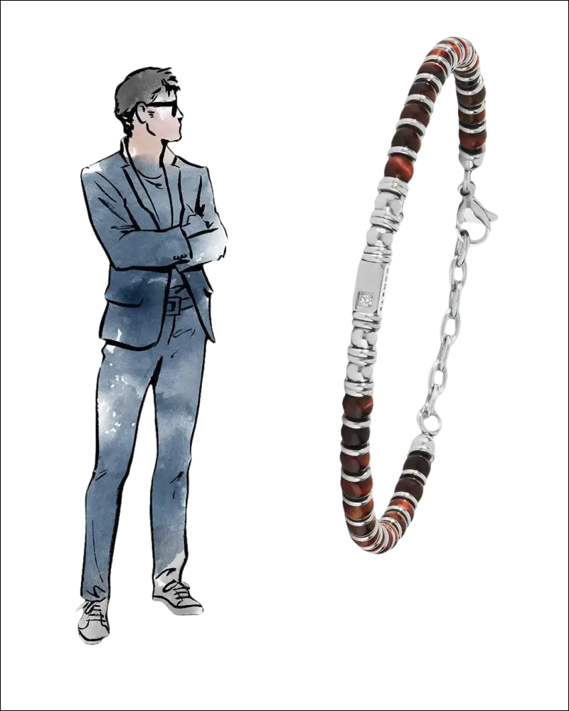 Bracciale Uomo COMETE in acciaio e occhio di tigre con segmenti di argento e marrone