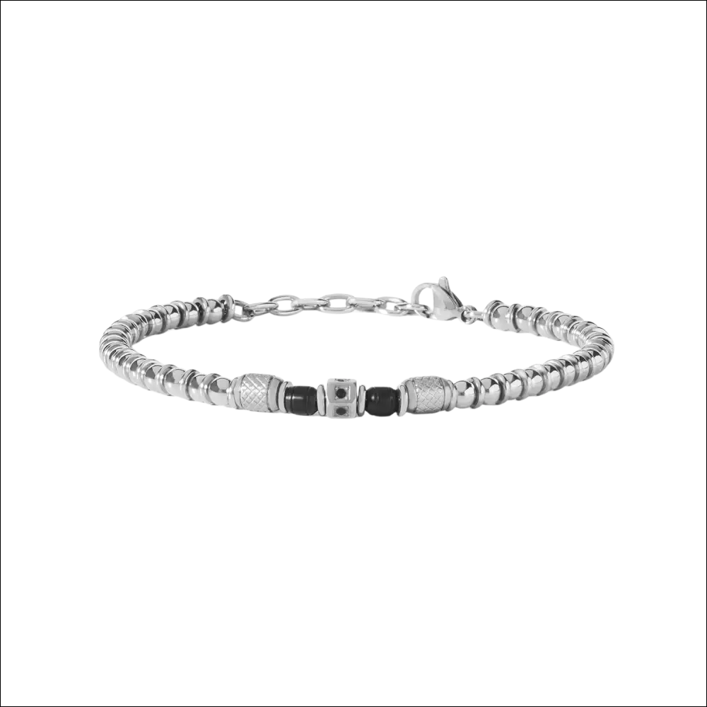 Bracciale uomo COMETE District in acciaio nero con zirconi e perline silver
